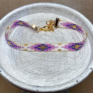 Purple White  and Gold Beaded Bracelet